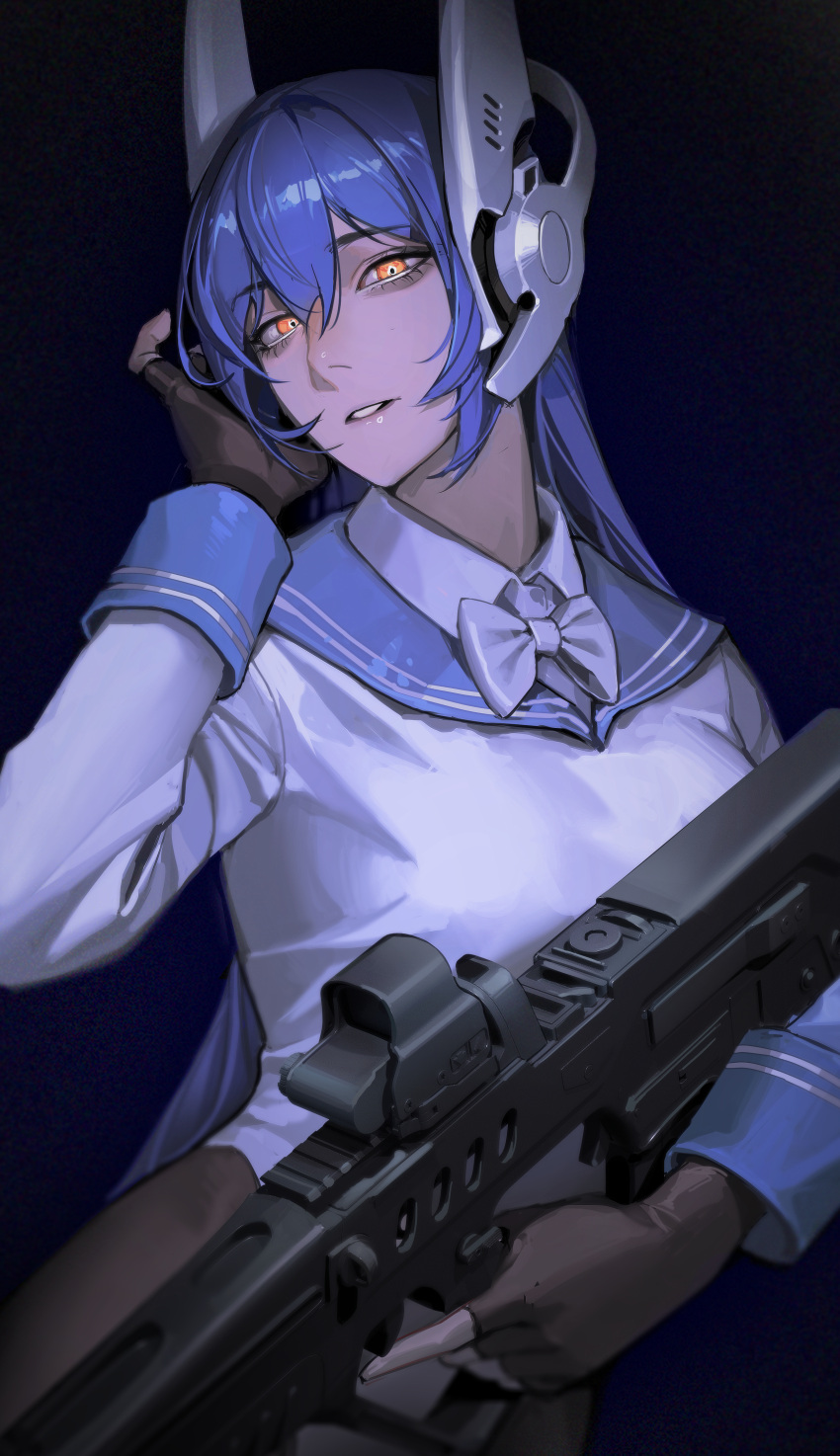 absurdres assault_rifle blue_hair blue_sailor_collar bow bowtie bullpup fingerless_gloves girls'_frontline gloves gun hair_between_eyes hand_up head_tilt headgear highres imi_tavor_tar-21 iwi_tavor limart long_hair looking_at_viewer rifle robot_ears sailor_collar tar-21_(girls'_frontline) trigger_discipline upper_body weapon yellow_eyes