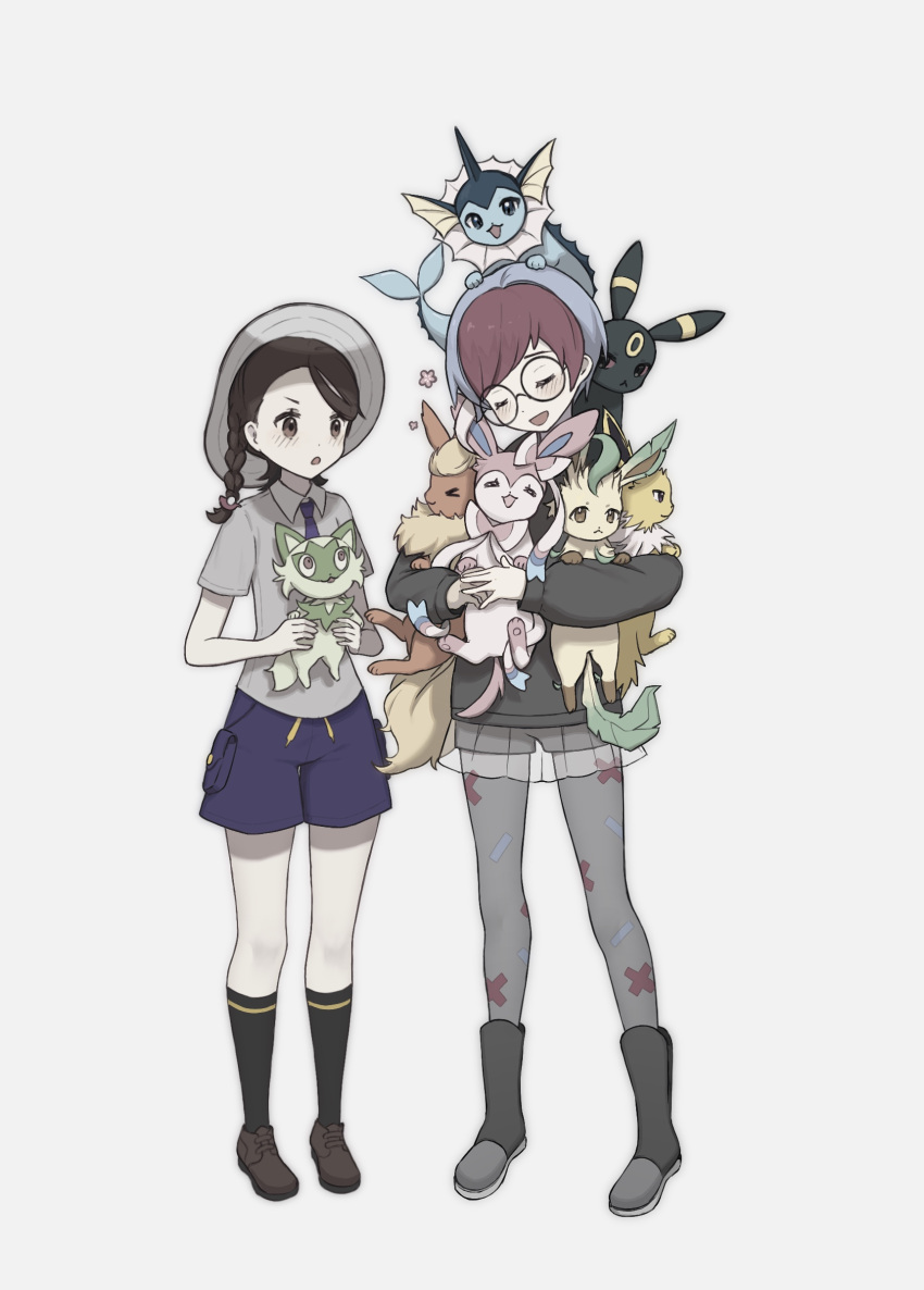 2girls absurdres black_socks blush boots braid brown_eyes brown_footwear brown_hair closed_eyes collared_shirt commentary flareon glasses grey_headwear grey_shirt hat highres holding holding_pokemon hood hoodie jolteon juliana_(pokemon) kneehighs leafeon multicolored_hair multiple_girls necktie on_head open_mouth pantyhose parted_lips penny_(pokemon) pokemon pokemon_(creature) pokemon_(game) pokemon_on_head pokemon_sv purple_shorts rcs_4 round_eyewear see-through see-through_skirt shirt shoes short_sleeves shorts shorts_under_skirt skirt smile socks sprigatito standing sylveon symbol-only_commentary two-tone_hair umbreon vaporeon