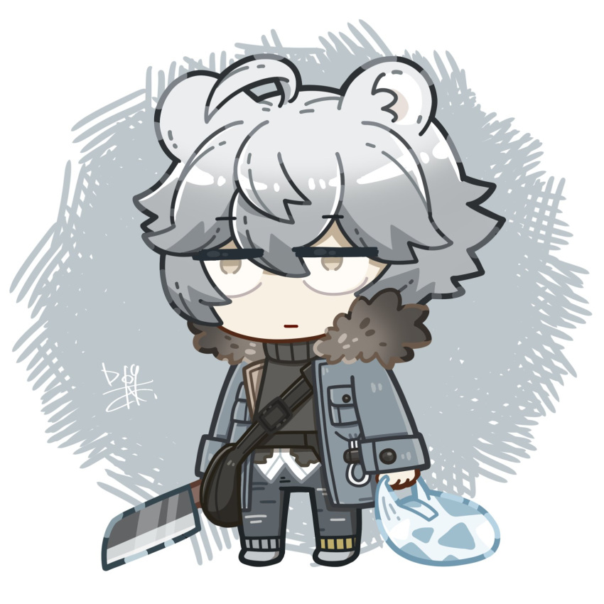 1boy animal_ears arknights bag bags_under_eyes bear_boy bear_ears chibi dog-san full_body fur_collar grey_eyes grey_hair highres jacket jaye_(arknights) knife male_focus shopping_bag short_hair signature simple_background solo white_background