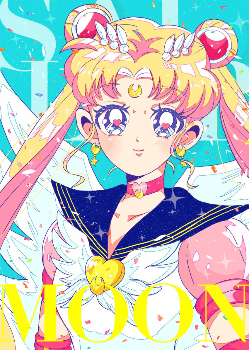 1girl angel_wings bangs bishoujo_senshi_sailor_moon blonde_hair blue_eyes blue_sailor_collar brooch choker closed_mouth crescent crescent_earrings crescent_facial_mark double_bun earrings elbow_gloves eternal_sailor_moon facial_mark gloves gold_earrings hair_bun heart heart-shaped_pupils heart_brooch heart_choker highres jewelry layered_skirt long_hair parted_bangs pink_sleeves puffy_short_sleeves puffy_sleeves rabi2651 red_choker sailor_collar sailor_moon shirt short_sleeves skirt smile solo star_(symbol) star_earrings symbol-shaped_pupils tsukino_usagi twintails very_long_hair white_shirt wing_brooch wings