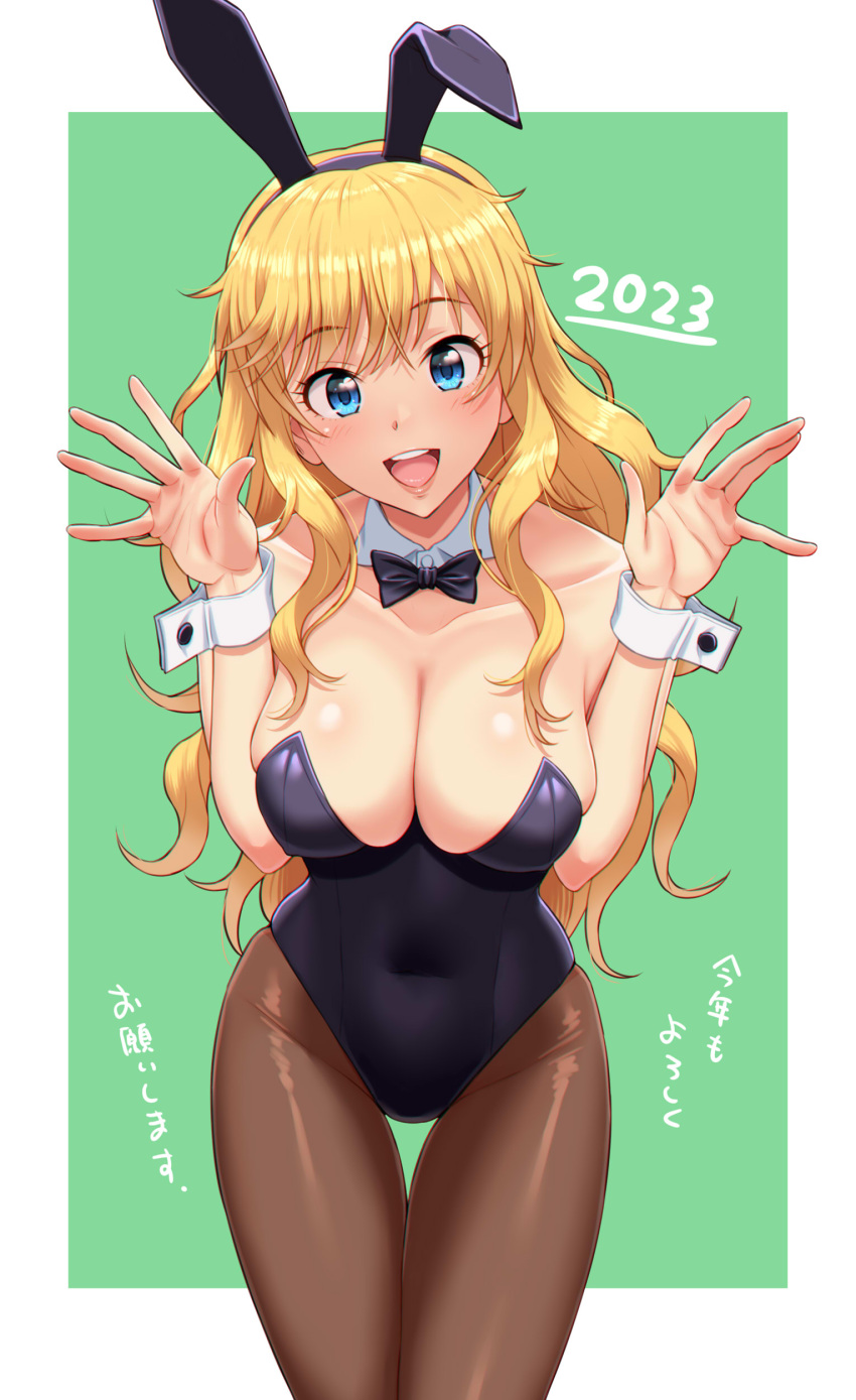 1girl 2023 absurdres animal_ears black_bow black_bowtie black_leotard blonde_hair blue_eyes bow bowtie breasts cleavage covered_navel detached_collar green_background highres idolmaster idolmaster_cinderella_girls large_breasts leotard looking_at_viewer new_year nigou ohtsuki_yui open_mouth pantyhose playboy_bunny rabbit_ears round_teeth smile solo standing strapless strapless_leotard teeth thigh_gap upper_teeth_only wrist_cuffs