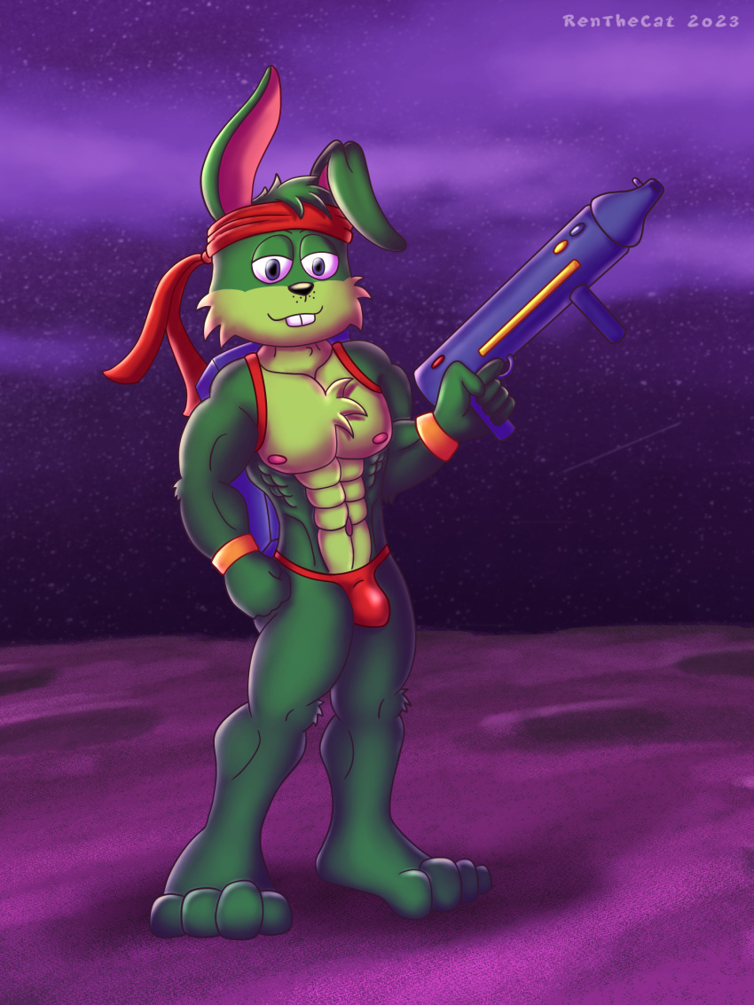 anthro bandanna bg bulge clothing epic_games green gun hare hi_res invalid_background jazz_jackrabbit jazz_jackrabbit_(series) kerchief lagomorph leporid male male/male mammal muscular orange purple rabbit ranged_weapon red renthecat solo thong underwear weapon