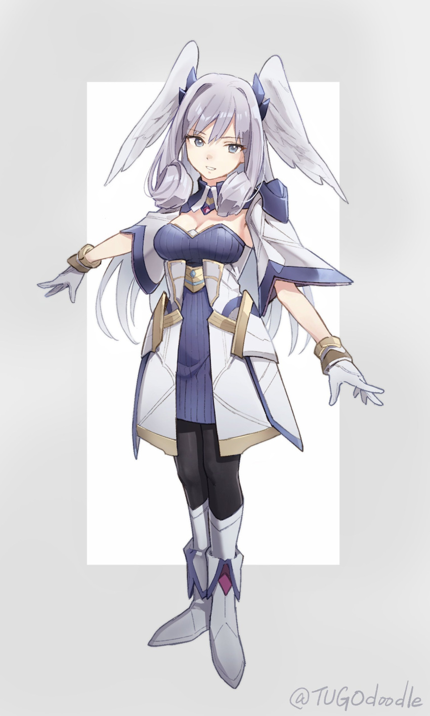 1girl absurdres blue_eyes breasts dress full_body grey_hair head_wings highres long_hair long_sleeves medium_breasts melia_antiqua pantyhose simple_background solo tugo xenoblade_chronicles_(series) xenoblade_chronicles_1 xenoblade_chronicles_3