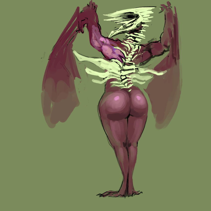 avian big_butt bone butt female hi_res humanoid meandraco monster purple_body purple_skin rear_view simple_background solo thick_thighs wide_hips wings