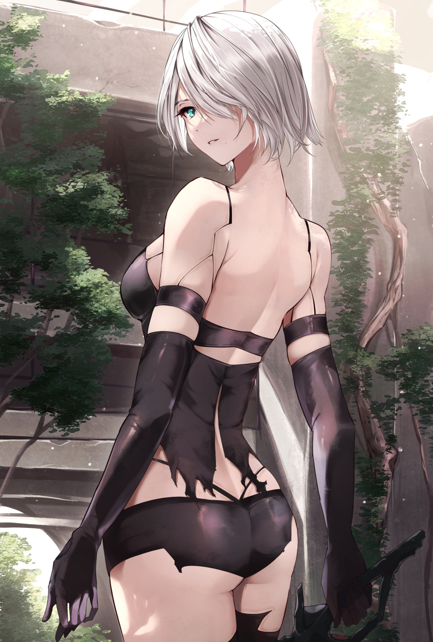 1girl absurdres android ass bare_shoulders black_gloves blue_eyes breasts elbow_gloves gloves highres joints looking_at_viewer medium_breasts mole mole_under_mouth nier_(series) nier_automata risumi_(taka-fallcherryblossom) robot_joints short_hair shorts simple_background solo thighhighs white_hair yorha_type_a_no._2