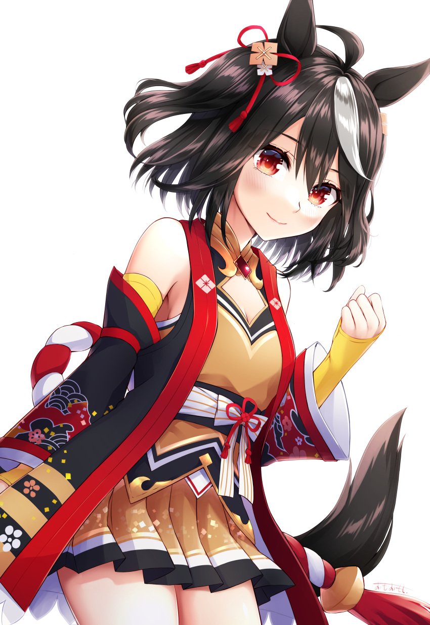 1girl absurdres ahoge animal_ears bangs bare_shoulders black_hair black_sleeves breasts brown_skirt cleavage cleavage_cutout clenched_hand closed_mouth clothing_cutout commentary_request grey_hair hair_between_eyes hand_up highres horse_ears horse_girl horse_tail kitasan_black_(umamusume) looking_at_viewer medium_breasts multicolored_hair omoomomo pleated_skirt red_eyes signature simple_background skirt smile solo streaked_hair tail two_side_up umamusume white_background