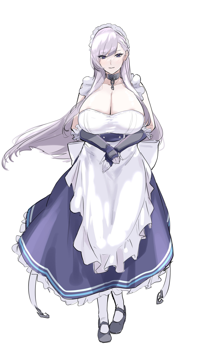 1girl absurdres apron azur_lane bangs belfast_(azur_lane) breasts broken broken_chain chain cleavage collar frilled_gloves frills full_body gloves hair_behind_ear highres huge_breasts long_hair looking_at_viewer low_neckline maid maid_apron maid_headdress mogi_yasunobu solo white_background white_hair