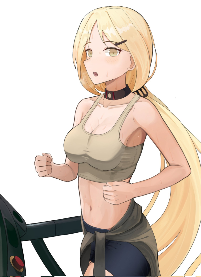 1girl armpits bike_shorts blonde_hair blue_shorts clothes_around_waist exercise gamryous girls'_frontline highres jacket jacket_around_waist long_hair navel open_mouth pp-2000_(girls'_frontline) running shorts solo sports_bra sweat treadmill very_long_hair white_background yellow_eyes yellow_sports_bra