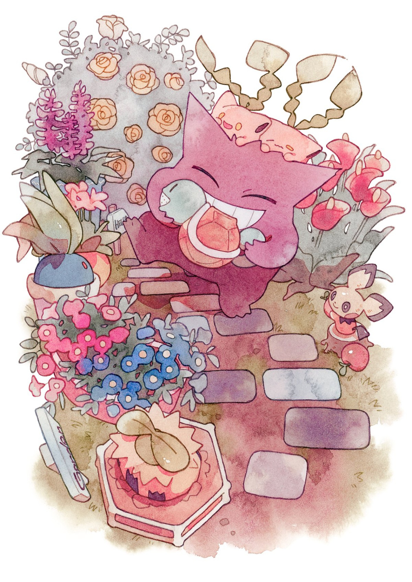 apple blue_flower bush closed_eyes flower food fruit gengar grass grin highres holding holding_watering_can hoppip no_humans oddish oharu-chan on_head pichu pokemon pokemon_(creature) pokemon_on_head sign smile squirtle sunkern teeth themed_object traditional_media watering_can