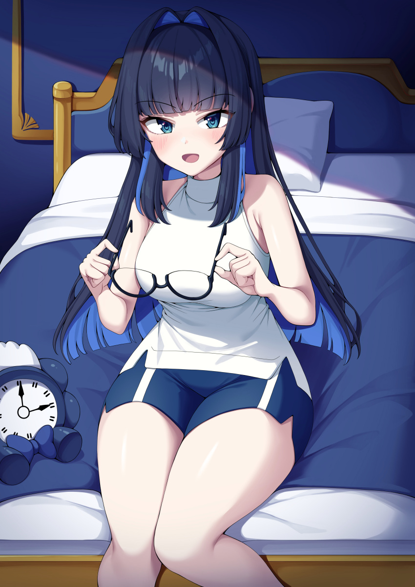 1girl absurdres alternate_eye_color aqua_eyes bangs bare_legs bare_shoulders bed bedside black_hair blue_hair blunt_bangs breasts clock colored_inner_hair hair_intakes highres holding holding_eyewear hololive hololive_english indoors large_breasts long_hair looking_at_viewer metaljelly morning multicolored_hair official_alternate_costume official_alternate_hairstyle on_bed open_mouth ouro_kronii short_shorts shorts sidelocks sitting sleeveless sleeveless_sweater smile solo streaked_hair sweater thick_thighs thighs turtleneck turtleneck_sweater virtual_youtuber white_sweater wide_hips