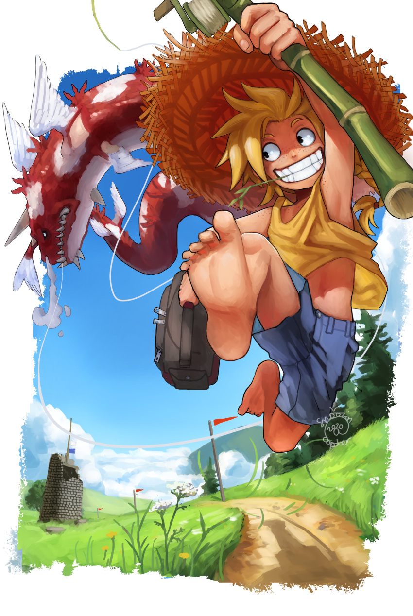 1boy 2020 absurdres bag bamboo barefoot black_eyes blonde_hair blue_shorts blue_sky castle cloud commentary dirt_road dragon eastern_dragon english_commentary fishing_rod flag freckles grass grin hat highres holding holding_bag male_focus mouth_hold navel original road running shorts signature sky smile snoozincopter solo sun_hat tank_top yellow_tank_top