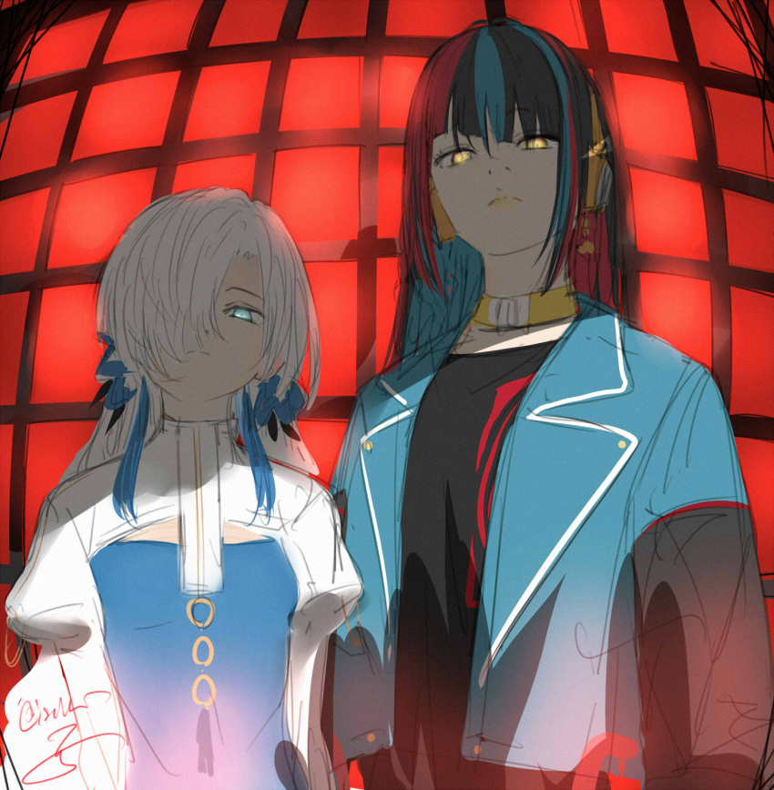 2girls arms_at_sides bangs black_hair black_shirt blue_eyes blue_flower blue_hair blue_jacket blue_sleeves blunt_bangs choker cropped_jacket disgust fisheye flower from_below frown glowing glowing_eyes hair_flower hair_ornament hair_over_one_eye half-closed_eyes harusaruhi headphones height_difference highres isekai_joucho isshiki_(ffmania7) jacket juliet_sleeves kamitsubaki_studio long_bangs long_hair long_sleeves multicolored_hair multiple_girls o-ring open_clothes open_jacket puffy_sleeves red_background red_hair shade shirt shrug_(clothing) sidelocks signature sketch standing streaked_hair upper_body white_hair white_sleeves window yellow_choker yellow_eyes yellow_lips