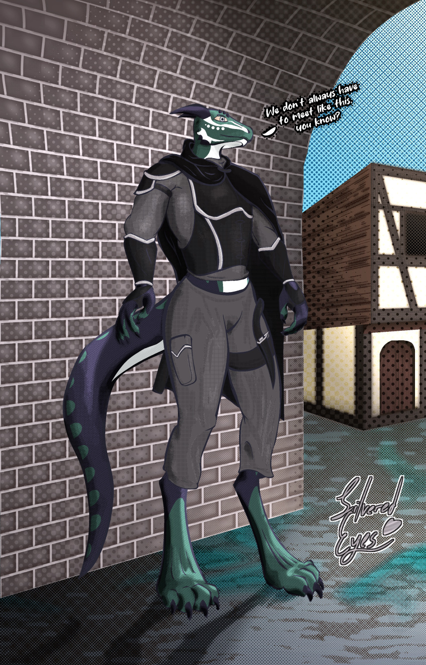 absurd_res anthro armor claws clothed clothing detailed_background digital_media_(artwork) digitigrade feet halftone halftone_background halftone_shading hi_res lizard looking_at_viewer male outside pattern_background reptile rogue scalie silveredeyesart simple_background sky smile solo text toe_claws toes