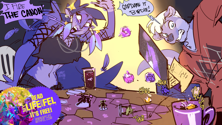 advertisement avian bird clothing corvid corvus_(genus) digital_media_(artwork) duo female fur goth_clothing hair hi_res kenno_arkkan male mammal marius_(fursona) mustelid oscine otter passerine purple_body purple_fur purple_hair raven ravencrafte tabletop_game tabletop_rpg text