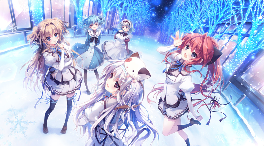 5girls :d \||/ ahoge amaha_miu angelina_nanatsu_sewell animal animal_on_head apron arm_at_side arm_under_breasts arms_behind_back bangs black_bow black_pantyhose black_ribbon black_socks black_thighhighs blue_dress blue_eyes blue_hair blue_hairband blue_ribbon blush bow braid breasts brown_hair brown_sailor_collar closed_mouth collar dress eyelashes fang fence finger_to_mouth frilled_collar frilled_dress frilled_skirt frills glint glowing_tree hair_between_eyes hair_bow hair_intakes hair_ribbon hairband hand_up highres index_finger_raised inui_sana izumi_tsubasu jacket juliet_sleeves large_breasts leg_ribbon legs light_purple_hair loafers long_hair long_sleeves looking_at_viewer looking_up maid maid_apron maid_headdress mashiroiro_symphony medium_hair miniskirt multiple_girls night official_art on_head open_mouth outdoors pannya pantyhose path pleated_skirt ponytail puffy_sleeves purple_eyes red_eyes red_hair red_ribbon ribbon sailor_collar school_uniform sena_airi shoes sidelocks single_braid single_hair_intake skirt sky small_breasts smile snow snowflakes snowing socks standing star_(sky) starry_sky steam straight_hair thigh_ribbon thighhighs tree twintails two_side_up uryuu_sakuno very_long_hair wavy_hair white_jacket white_ribbon white_sailor_collar white_skirt window wing_hair_ornament winter