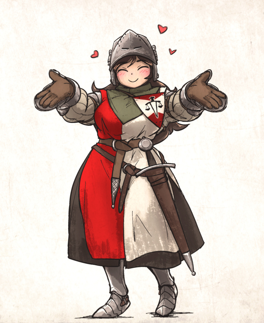 1girl ^_^ armor armored_gloves bassinet blush brown_gloves brown_hair closed_eyes commentary crest cuisses english_commentary gambeson gloves heart highres ironlily lady_lucerne_(ironlily) long_hair medieval original outstretched_arms plate_armor scabbard sheath sheathed smile solo sword weapon