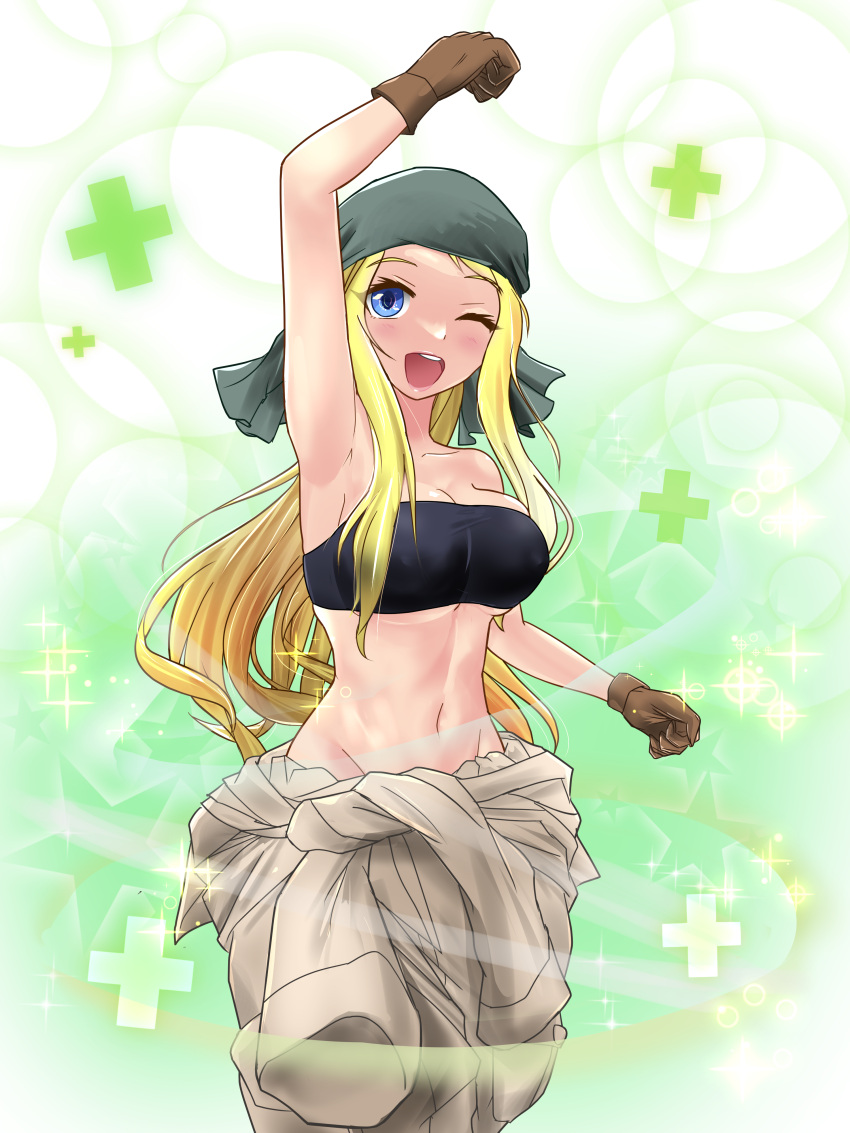 1girl absurdres arm_up armpits bandana bare_shoulders black_tube_top blonde_hair blue_eyes breasts brown_gloves collarbone covered_nipples cowboy_shot fullmetal_alchemist gloves groin highres jumpsuit jumpsuit_around_waist linea_alba long_hair looking_at_viewer medium_breasts navel one_eye_closed open_mouth sidelocks simple_background smile solo strapless taratwuruta tube_top winry_rockbell