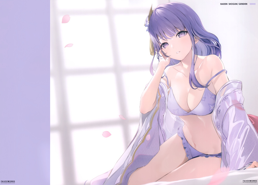 1girl 6u_(eternal_land) absurdres arm_support bangs blurry blurry_background blush bra breasts character_name cleavage day genshin_impact hair_ornament hand_up highres indoors long_hair looking_at_viewer medium_breasts navel off_shoulder panties parted_lips petals purple_eyes purple_hair raiden_shogun scan shiny_skin simple_background sitting solo stomach underwear window