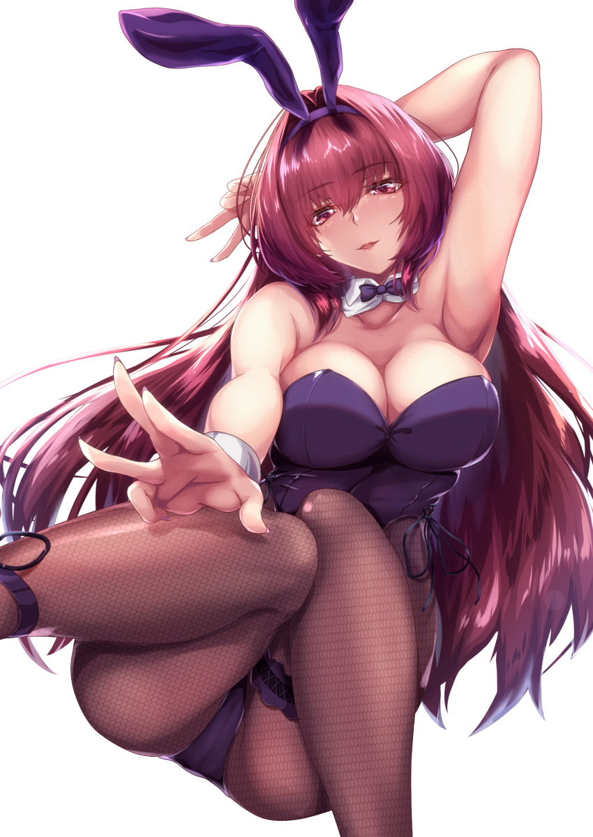 1girl animal_ears arm_behind_head armpits bangs bare_shoulders bow bowtie breasts cleavage detached_collar duplicate fake_animal_ears fate/grand_order fate_(series) fishnet_pantyhose fishnets hair_between_eyes headband highres large_breasts legs leotard long_hair looking_at_viewer official_alternate_costume pantyhose pixel-perfect_duplicate playboy_bunny purple_bow purple_hair purple_headband purple_leotard rabbit_ears reaching_towards_viewer red_eyes saboten_teishoku scathach_(fate) scathach_(piercing_bunny)_(fate) solo thighs v white_background