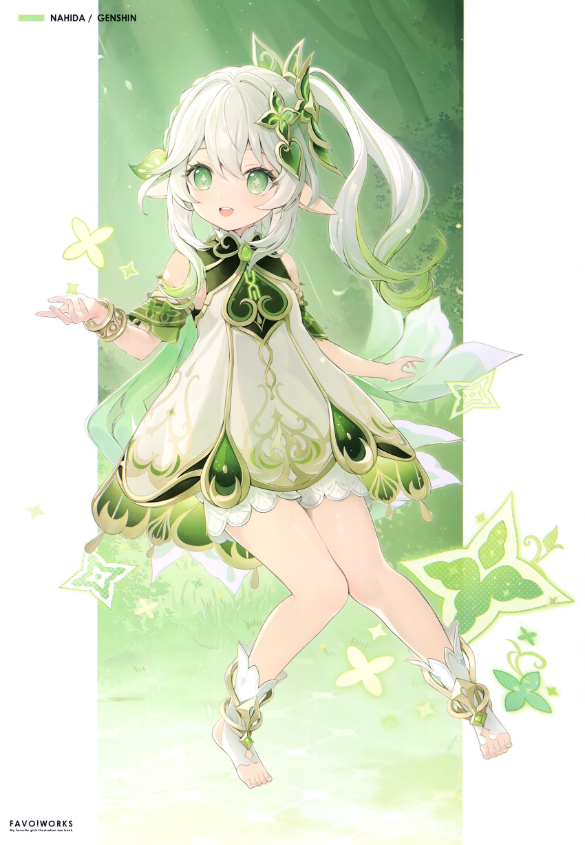 1girl 6u_(eternal_land) absurdres bangs bare_shoulders bracelet character_name dress fingernails full_body genshin_impact gold_trim gradient_hair green_eyes grey_hair hair_ornament highres jewelry long_hair multicolored_hair nahida_(genshin_impact) open_mouth pointy_ears ponytail scan shiny_skin short_dress simple_background sleeveless smile symbol-shaped_pupils teeth toeless_legwear toes two-tone_hair upper_teeth_only white_hair