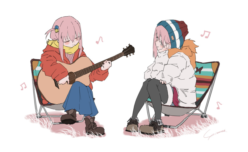 2girls bocchi_the_rock! camping_chair coat crossover guitar highres hitori_bocchi holding holding_instrument instrument kagamihara_nadeshiko multiple_girls music musical_note pink_hair playing_instrument scarf sitting white_background winter_clothes yo_na yurucamp