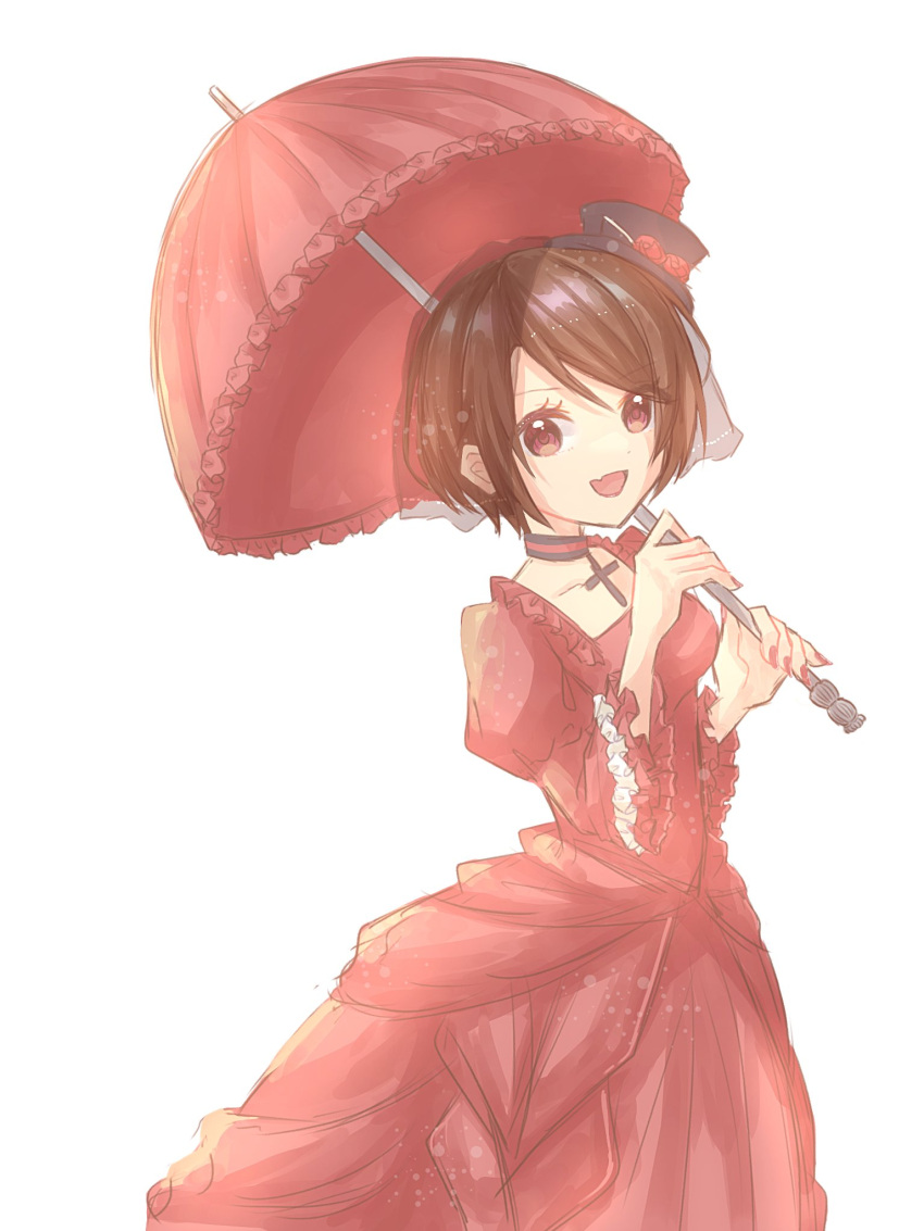 1girl :d aquamarinu banica_conchita breasts brown_hair chaban_capriccio_(vocaloid) choker collarbone cross cross_choker dress evillious_nendaiki fang frilled_sleeves frills hat heartbeat_clocktower_(vocaloid) highres holding holding_umbrella juliet_sleeves long_sleeves looking_at_viewer medium_breasts meiko_(vocaloid) mini_hat official_alternate_costume open_mouth parasol puffy_sleeves red_dress red_eyes red_nails short_hair skin_fang smile solo umbrella veil victorian vocaloid