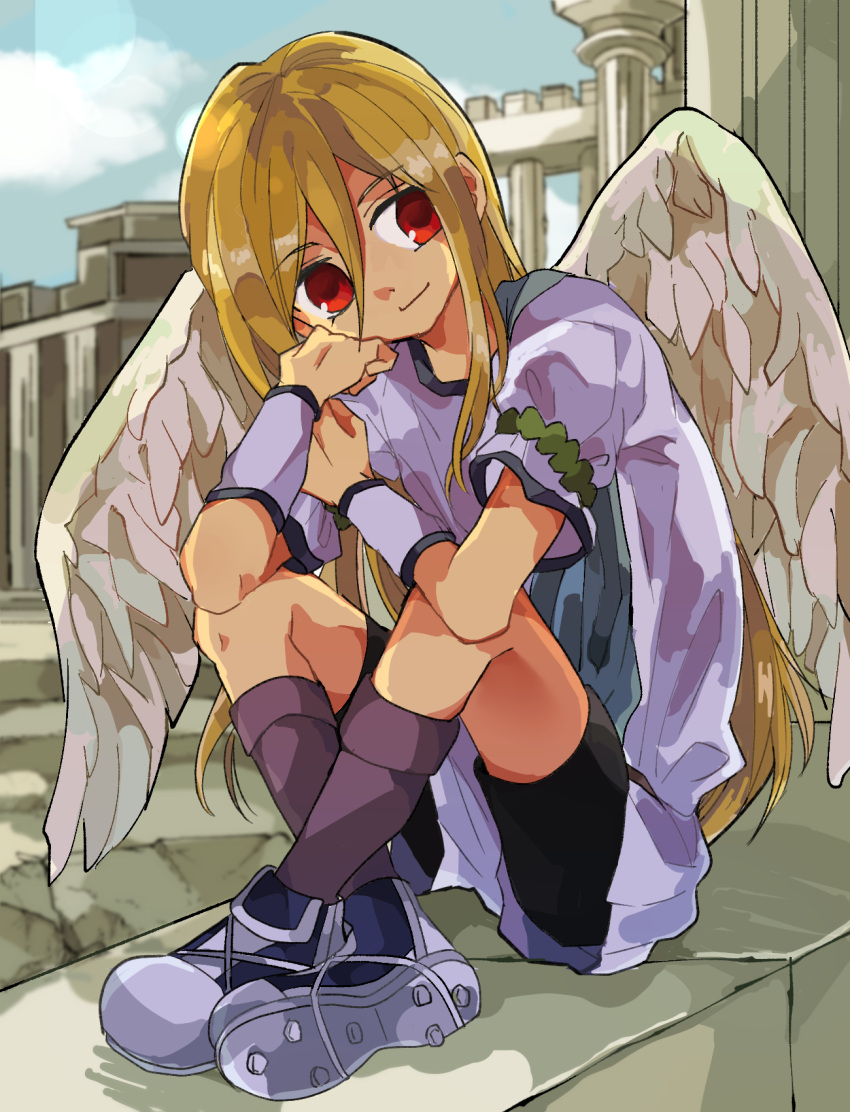 1boy afuro_terumi angel_wings blonde_hair cleats highres inazuma_eleven inazuma_eleven_(series) long_hair male_focus mochiko_(guremaru) otoko_no_ko red_eyes shirt shorts sitting smile soccer_uniform socks solo sportswear very_long_hair white_shirt white_shorts wings