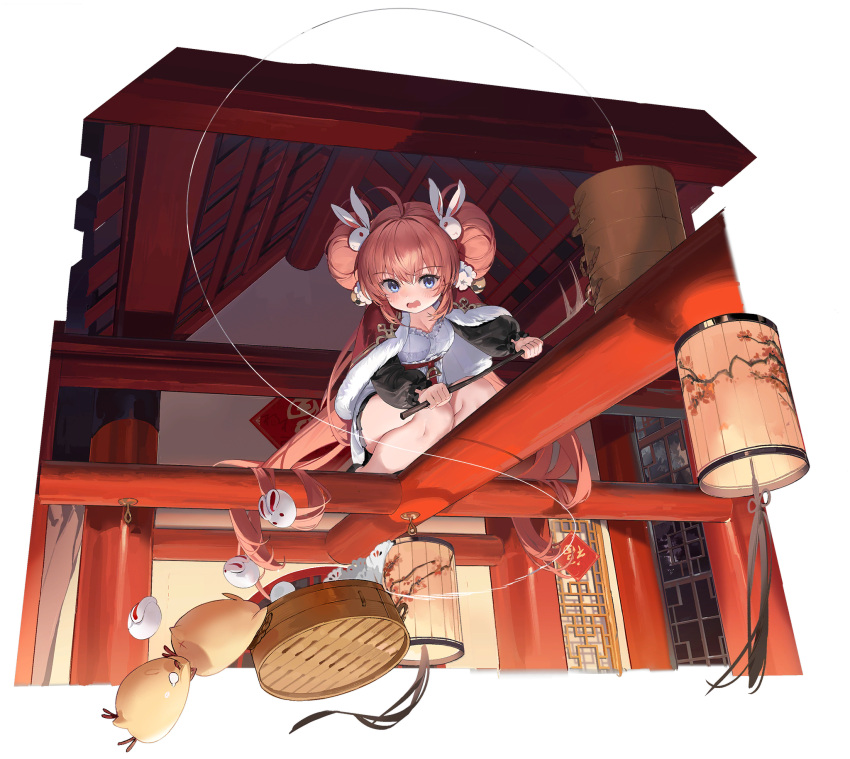 alternate_costume alternate_hairstyle architecture azur_lane baozi blue_eyes breasts chinese_clothes cleavage collarbone east_asian_architecture fishing_rod food fu_shun_(azur_lane) hair_ornament highres lantern looking_at_viewer manjuu_(azur_lane) official_art open_mouth rabbit_hair_ornament red_hair sitting small_breasts tray wire