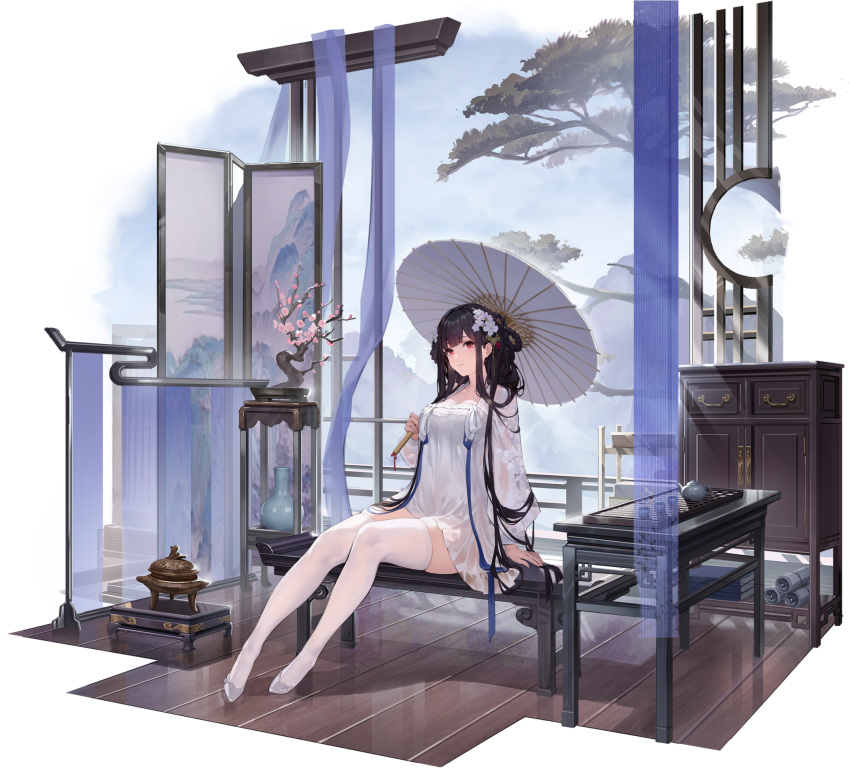 1girl arm_support azur_lane bangs black_hair breasts dress hair_ornament high_heels highres holding long_hair long_sleeves looking_at_viewer medium_breasts official_art oil-paper_umbrella red_eyes short_dress sitting smile solo thighhighs umbrella white_dress yat_sen_(azur_lane) yat_sen_(paragon_of_celestial_grace)_(azur_lane)