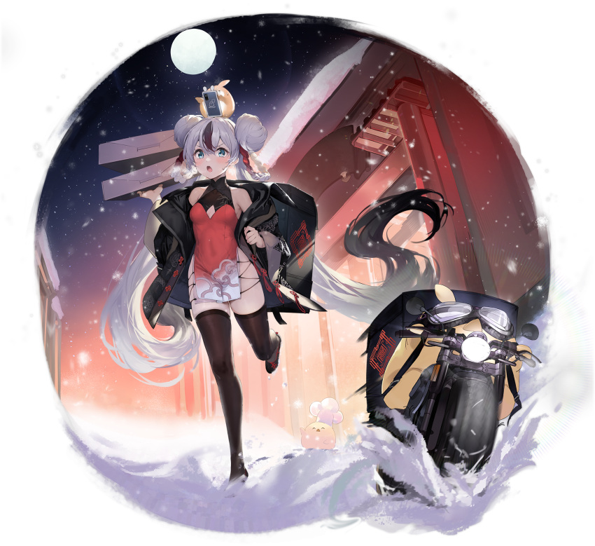 1girl animal artist_request azur_lane bangs bare_shoulders bird black_hair blue_eyes blush breasts breath carrying_bag cellphone chef_hat china_dress chinese_clothes delivery double_bun dress food_delivery_box full_body full_moon goggles ground_vehicle hair_bun hat highres holding jacket l'indomptable_(azur_lane) leg_up long_hair manjuu_(azur_lane) moon motor_vehicle motorcycle multicolored_hair night night_sky official_art open_clothes open_jacket open_mouth outdoors phone short_dress simple_background sky small_breasts snow snowing thighhighs thighs twintails two-tone_hair white_hair
