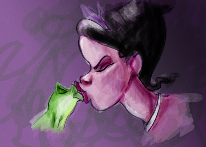 2010 amphibian bestiality black_hair christytortland crown digital_media_(artwork) digital_painting_(artwork) duo eyes_closed female feral frog green_body green_skin hair human human_on_feral interspecies kiss_on_lips kissing lips lipstick makeup male male/female mammal prince_naveen princess_tiana puckered_lips the_princess_and_the_frog thick_lips tiara