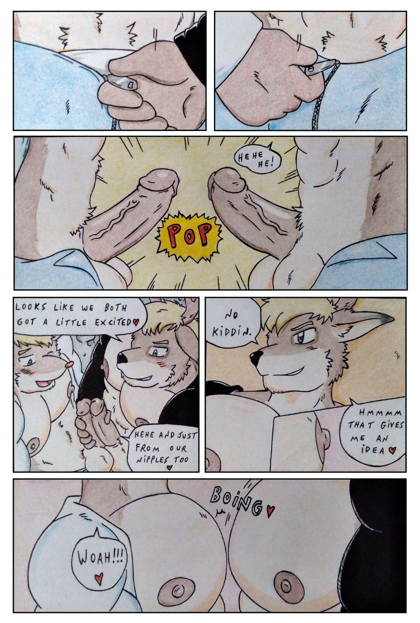 &lt;3 5_fingers abs absurd_res alley anthro antlers arrow_(rudolph) athletic athletic_anthro athletic_male balls balls_touching blonde_hair blush blush_lines bodily_fluids bottomwear bouncing_pecs brown_body brown_eyes brown_fur brown_nipples capreoline clothed clothing comic comic_panel confident dashthefox deer dialogue duo erect_nipples erection fingers frottage fur genitals hair hi_res horn horny huge_pecs jacket leather leather_clothing leather_jacket leather_topwear male male/male mammal manly muscular nipples obliques onomatopoeia open_bottomwear open_clothing open_pants pants pecs pecs_touching penis public public_nudity public_sex red_nose reindeer rudolph_the_red-nosed_reindeer sex sound_effects speech_bubble text topwear traditional_media_(artwork) unzipped unzipping unzipping_pants zipper