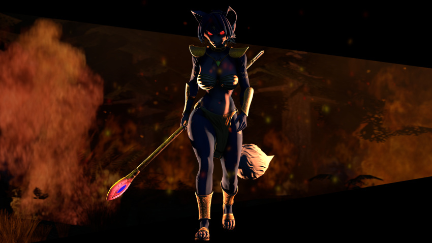 2023 absurd_res anthro blue_body blue_fur blue_hair bottomwear breasts canid canine clothed clothing female footwear fox front_view fur hair hi_res holding_object holding_weapon huge_filesize krystal krystal's_staff loincloth lolla4567 looking_at_viewer mammal midriff nintendo red_eyes star_fox weapon