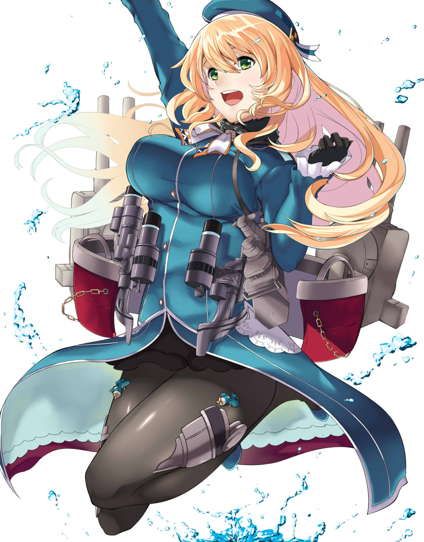 1girl :d absurdres arm_up ascot atago_(kancolle) beret black_gloves black_skirt blonde_hair blue_coat blue_footwear blue_headwear breasts cannon coat commentary_request frills fur_collar gloves green_eyes hai_ookami hair_between_eyes hat highres jumping kantai_collection large_breasts long_hair long_sleeves looking_at_viewer military military_uniform open_mouth pantyhose ponytail rigging skirt smile solo turret uniform water water_drop