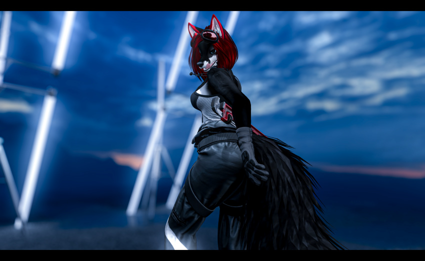 absurd_res anthro black_body canid canine clothing female fox fur hair hi_res mammal neon_lights presenting red_hair second_life solo