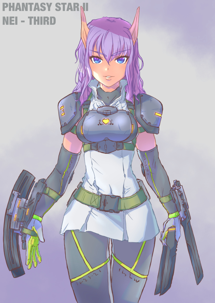 1girl absurdres belt blade character_name commentary_request crossover english_text gloves highres long_hair looking_at_viewer machinery mutant nei original phantasy_star phantasy_star_ii phantasy_star_online purple_hair redesign roma_no_fuhiga science_fiction sega solo weapon