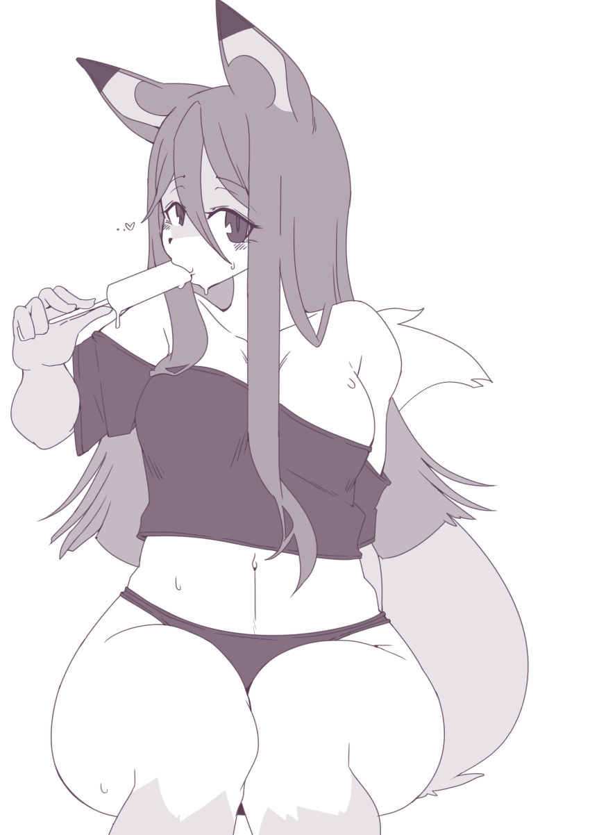 &lt;3 absurd_res anthro bodily_fluids brand_new_animal breasts canid canine clothed clothing female fox greyscale hair hi_res long_hair looking_at_viewer mammal monochrome navel nazuna_hiwatashi off_shoulder opqhlak panties popsicle_in_mouth pupils simple_background sitting slit_pupils solo solo_focus studio_trigger sucking sweat tail underwear