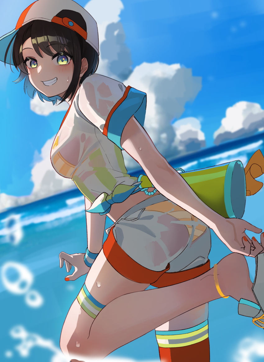 1girl absurdres adjusting_clothes adjusting_shoe anklet ass asymmetrical_hair bangs baseball_cap bikini bikini_under_clothes black_hair blue_eyes blue_sky blurry blurry_background blush breasts clenched_teeth cloud cloudy_sky commentary_request foot_out_of_frame from_behind hat highres hololive hoshirapu jewelry leaning_forward legs looking_back medium_breasts medium_hair nail_polish ocean oozora_subaru outdoors red_thighhighs shadow shiny_skin shirt shoe_dangle short_shorts short_sleeves shorts sidelocks sideways_hat single_thighhigh skindentation sky smile solo splashing standing standing_on_one_leg striped striped_bikini striped_shirt sweatdrop swept_bangs swimsuit teeth thigh_strap thighhighs thighs tied_shirt virtual_youtuber water wet wet_clothes wet_shirt white_shirt yellow_bikini