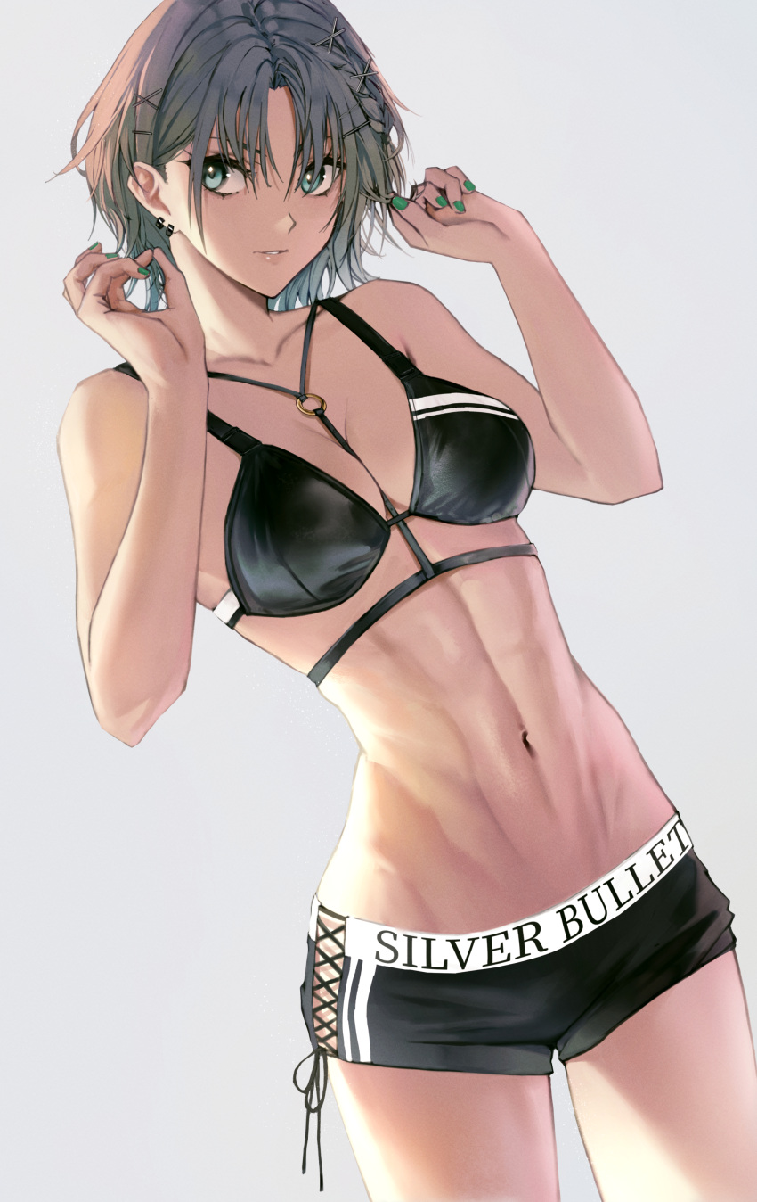 1girl abs absurdres arms_up asakura_toru bikini black_bikini breasts cross-laced_clothes cross-laced_shorts green_nails highres idolmaster idolmaster_shiny_colors madoro_q midriff navel o-ring o-ring_bikini parted_lips short_shorts shorts simple_background solo swimsuit upper_body