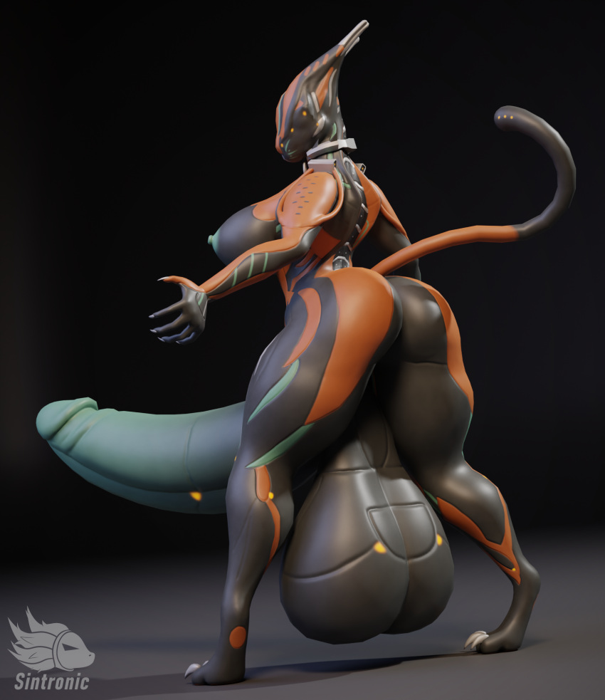 3_toes 5_fingers balls big_balls big_butt big_penis breasts butt collar feet fingers genitals grey_body gynomorph hi_res huge_balls huge_butt huge_penis humanoid humanoid_genitalia humanoid_penis hyper hyper_balls hyper_genitalia hyper_penis intersex looking_at_viewer looking_back nails orange_body penis rear_view sintronic solo tail thick_thighs toes valkyr_(warframe) warframe