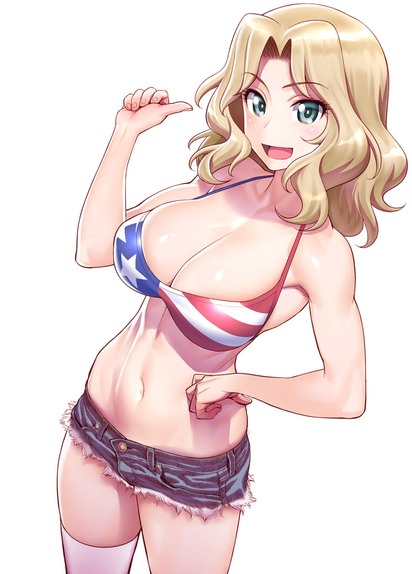 1girl american_flag_bikini bikini blonde_hair blue_eyes blush breasts cleavage collarbone flag_print girls_und_panzer hand_on_hip highres kay_(girls_und_panzer) large_breasts looking_at_viewer medium_hair minazuki_juuzou open_mouth pointing pointing_at_self short_sleeves simple_background solo swimsuit thighhighs white_background