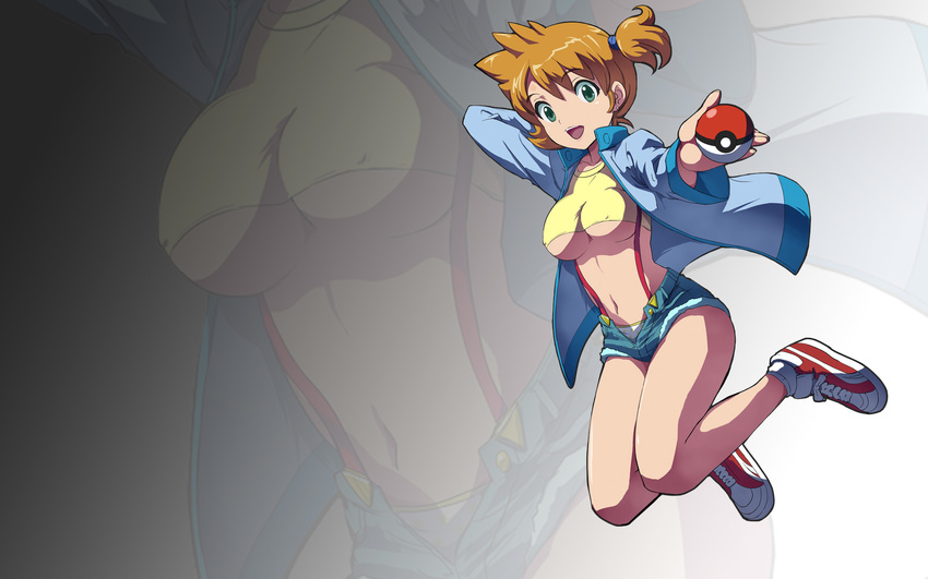 breasts cosplay denim denim_shorts green_eyes highres impossible_clothes impossible_shirt jumping kasumi_(pokemon) medium_breasts midriff open_clothes orange_hair poke_ball pokemon pokemon_(anime) pokemon_(game) shirt shoes shorts side_ponytail sneakers solo suspenders underboob zoom_layer