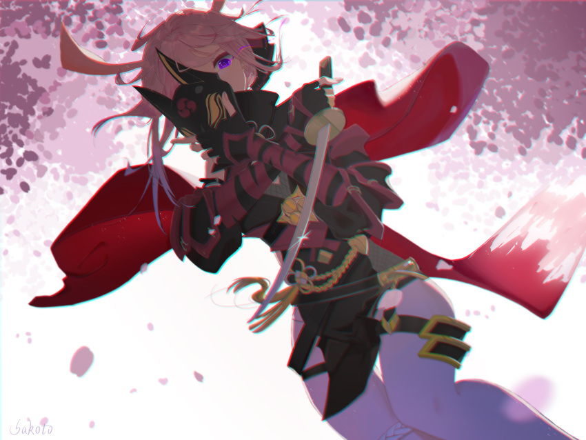 1girl absurdres animal_ears armor bangs cherry_blossoms fingerless_gloves fox_ears fox_mask gauntlets gloves highres holding holding_mask holding_sword holding_weapon honkai_(series) honkai_impact_3rd japanese_armor looking_at_viewer mask ninja petals pink_hair purple_eyes red_scarf sakoto._c. scarf short_sword simple_background solo sword tantou weapon white_background yae_kasumi yae_sakura yae_sakura_(darkbolt_jonin)