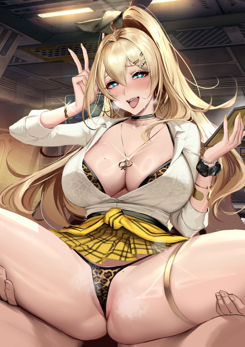 1boy 1girl absurdres animal_ears animal_print bangs blonde_hair blush bra bracelet breasts choker cian_yo cleavage earrings fake_animal_ears fang goddess_of_victory:_nikke green_eyes gyaru hair_ornament heart heart-shaped_pupils highres jewelry kogal leopard_print long_hair long_sleeves looking_at_viewer mole mole_on_breast nail_polish necklace open_mouth partially_visible_vulva ponytail rupee_(nikke) school_uniform shirt sitting sitting_on_lap sitting_on_person skirt solo_focus spread_legs symbol-shaped_pupils thighlet thighs tongue tongue_out unbuttoned underwear v white_shirt