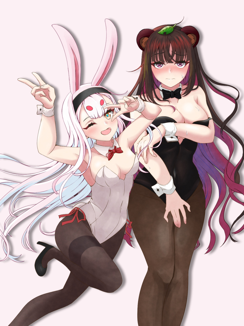 2girls ;d alternate_costume animal_ears armpits arms_up azur_lane bangs bare_shoulders black_bow black_bowtie black_hairband black_leotard black_pantyhose blush bow bowtie breasts brown_eyes brown_hair cleavage closed_mouth collarbone commentary_request covered_navel detached_collar double_v drop_shadow hairband high_heels highleg highleg_leotard highres hikimayu kurenai_koucha large_breasts leaf leaf_on_head leotard long_hair looking_at_viewer medium_breasts multiple_girls nose_blush one_eye_closed open_mouth pantyhose playboy_bunny purple_eyes rabbit_ears rabbit_girl rabbit_tail raccoon_ears red_bow red_bowtie shadow shimakaze_(azur_lane) side-tie_leotard sidelocks small_breasts smile standing standing_on_one_leg strapless strapless_leotard suruga_(azur_lane) sweat tail thighband_pantyhose traditional_bowtie v v_over_eye very_long_hair white_hair white_leotard wrist_cuffs
