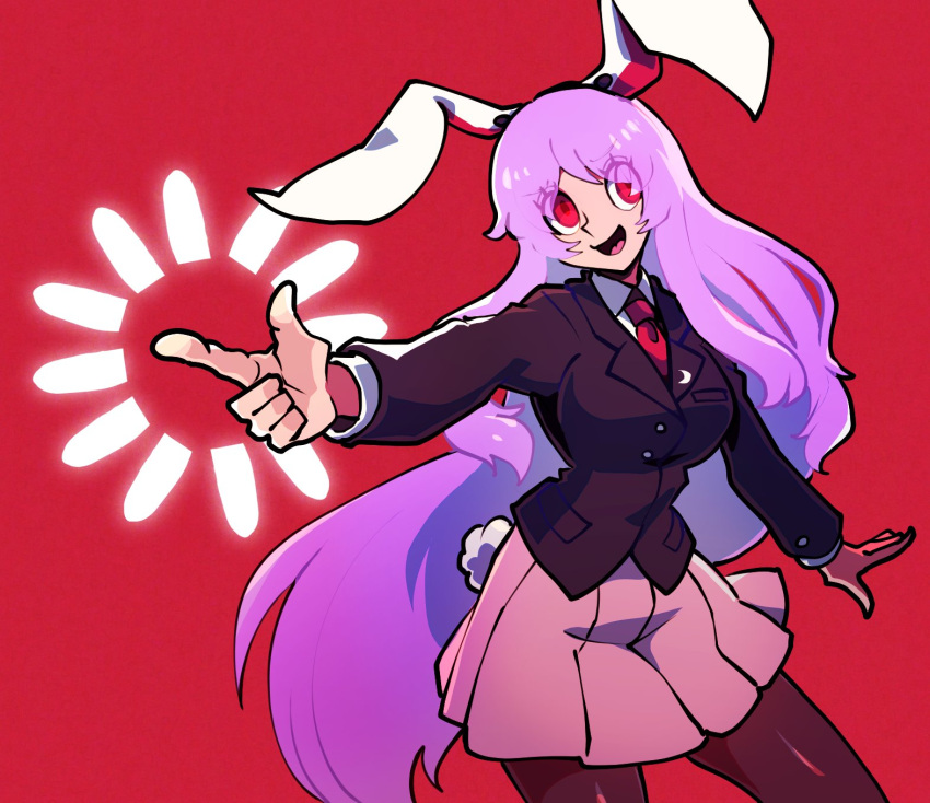 1girl animal_ears black_jacket blazer breasts brown_pantyhose bullet_print buttons collared_shirt contrapposto finger_gun happy highres iganashi1 jacket long_hair long_sleeves medium_breasts moon_rabbit necktie one-hour_drawing_challenge open_mouth pantyhose pink_skirt pleated_skirt purple_hair rabbit_ears rabbit_girl rabbit_tail red_eyes red_necktie reisen_udongein_inaba shirt skirt solo tail touhou very_long_hair white_shirt