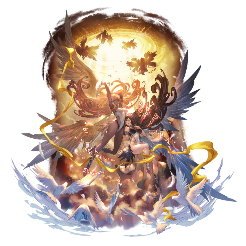 2boys 4girls ahoge alpha_transparency angel armpits arms_up bangs barefoot bird black_hair blonde_hair blue_eyes breasts covered_navel curly_hair dark-skinned_female dark_skin dove feathered_wings feathers full_body gabriel_(granblue_fantasy) granblue_fantasy halluel_(granblue_fantasy) head_wings large_breasts leotard long_hair looking_at_viewer malluel_(granblue_fantasy) michael_(granblue_fantasy) minaba_hideo multiple_boys multiple_girls official_art open_mouth raphael_(granblue_fantasy) smile transparent_background uriel_(granblue_fantasy) very_long_hair white_leotard wings