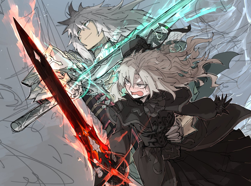 1boy 1girl arm_around_waist black_dress black_gloves closed_mouth dress embarrassed fate/grand_order fate_(series) gloves grey_eyes grey_hair holding holding_sword holding_weapon kankan33333 kriemhild_(fate) long_hair open_mouth siegfried_(fate) smile standing sword weapon wide-eyed