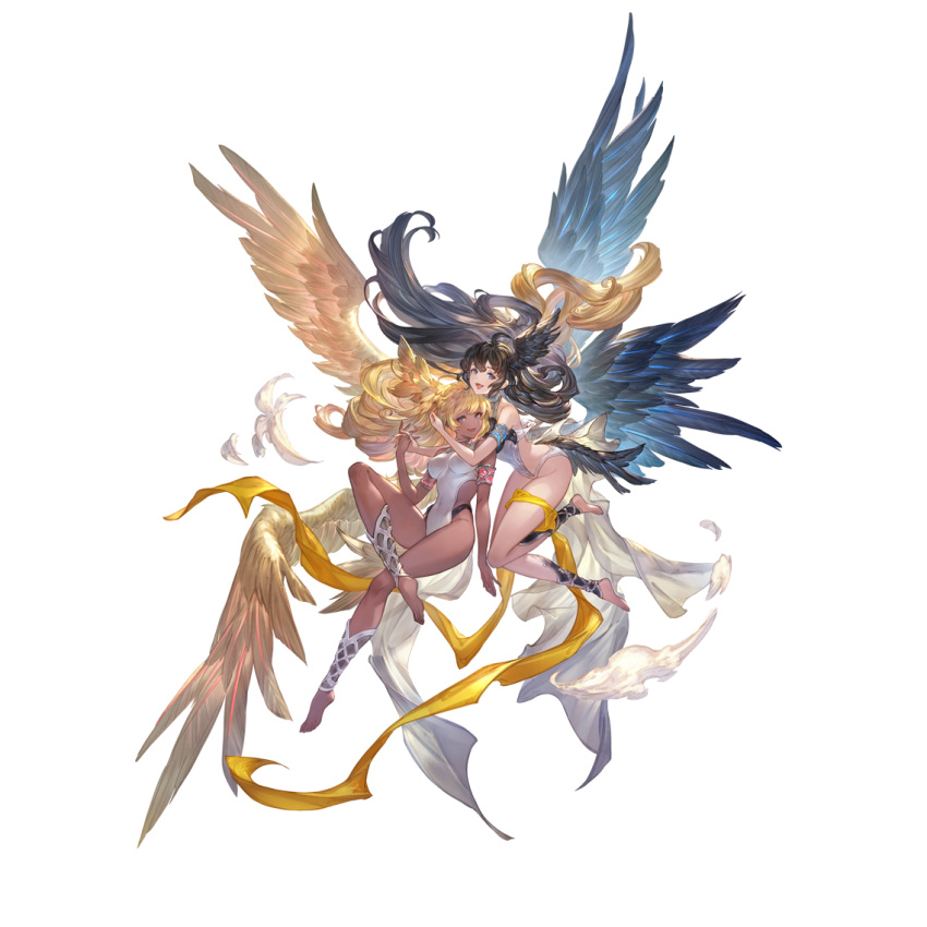 2girls ahoge alpha_transparency bangs barefoot black_hair blonde_hair blue_eyes breasts covered_navel curly_hair dark-skinned_female dark_skin feathered_wings full_body granblue_fantasy halluel_(granblue_fantasy) head_wings large_breasts leotard long_hair looking_at_viewer malluel_(granblue_fantasy) minaba_hideo multiple_girls official_art open_mouth smile transparent_background very_long_hair white_leotard wings