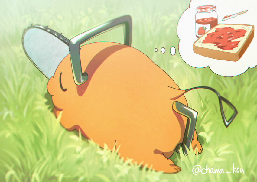 1other absurdres bread bread_slice chainsaw_man chama_kou closed_eyes dreaming food from_above fruit highres jam jar knife on_grass pochita_(chainsaw_man) sleeping strawberry thought_bubble twitter_username
